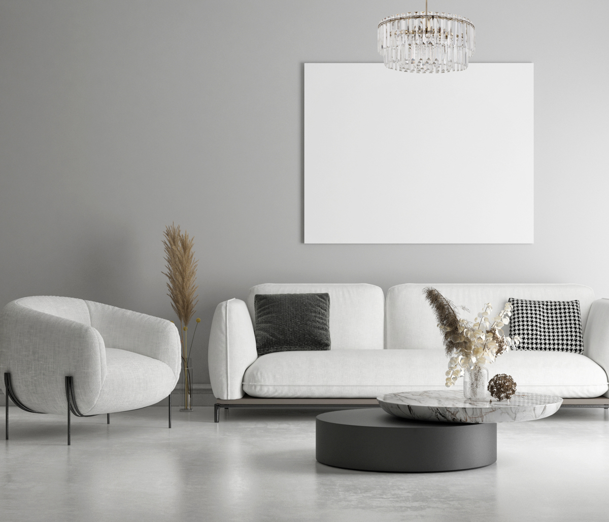 Mockup poster, living room design with gray background wall,