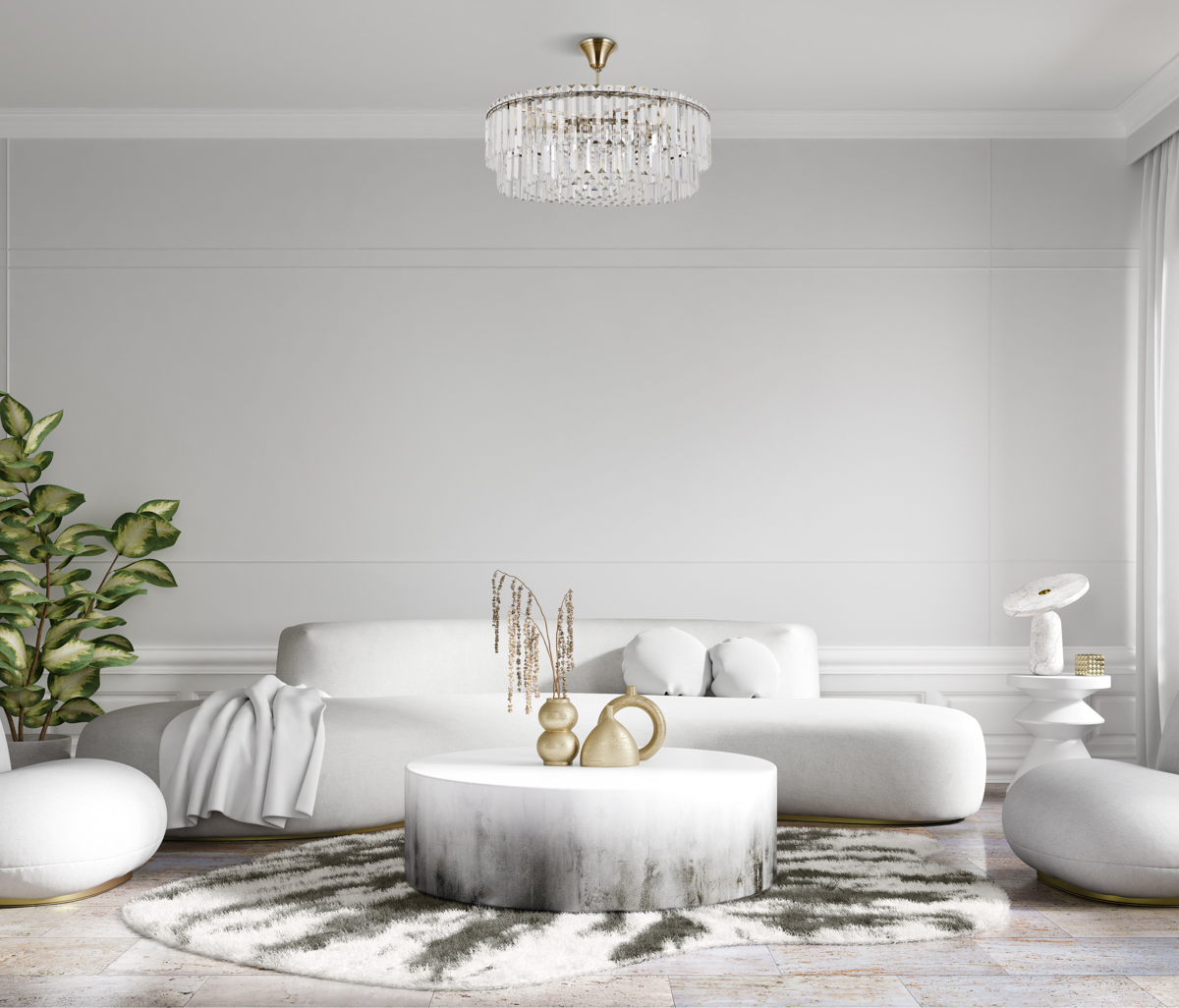 Modern interior design of apartment. White living room with sofa and round armchairs. Accent coffee table and chandelier. Home interior with furry rug on stone floor. 3d rendering