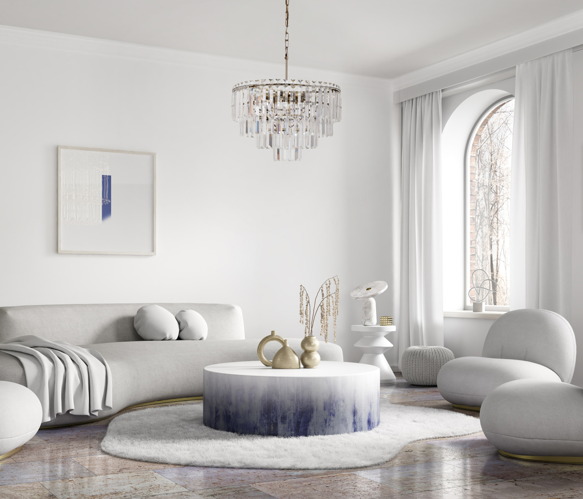 Modern interior design of luxury apartment, living room with white sofa, round armchairs. Accent coffee table and chandelier. Home interior with furry rug. 3d rendering