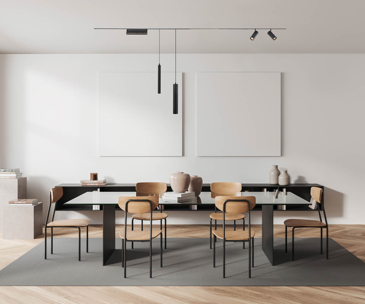 Light living room interior with table and shelf, panoramic window and mockup