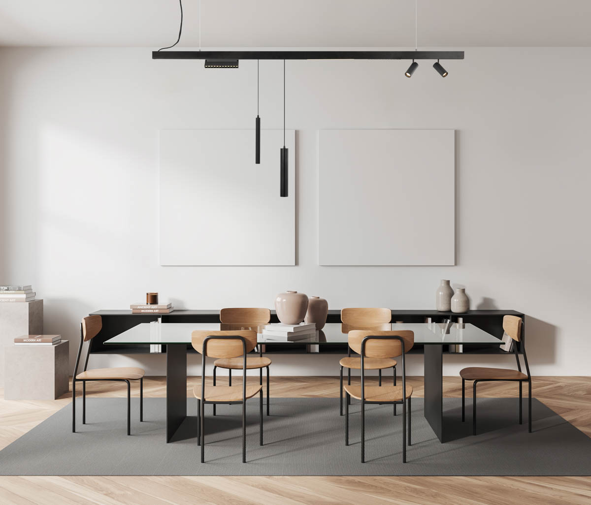 Light living room interior with table and shelf, panoramic window and mockup